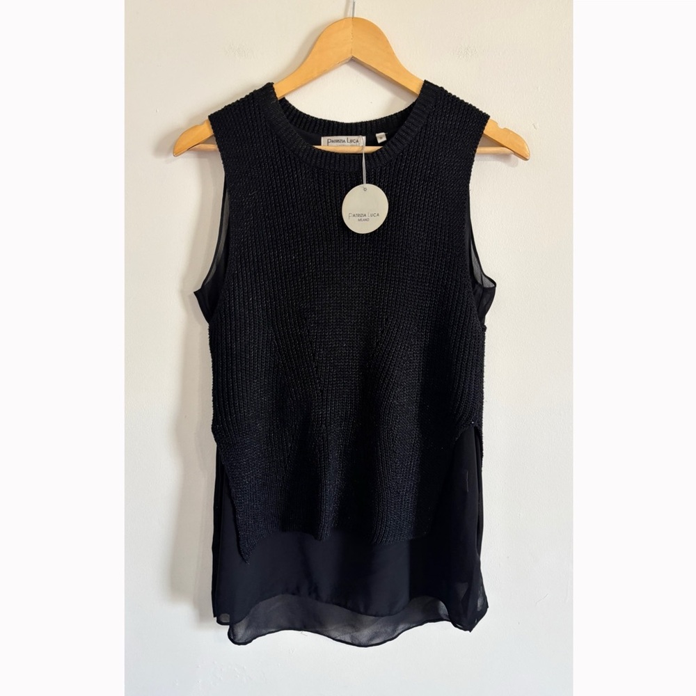 Patrizia Luca Womens Black Shiny Knit Sleeveless Top Small Layered Evening
